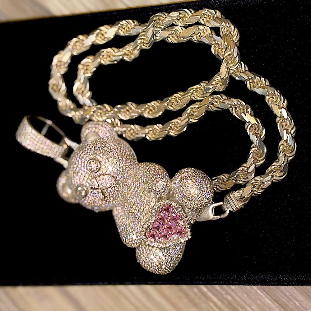 Sterling Silver Elegant Pink and Gold Bear Pendant  (sold as set)